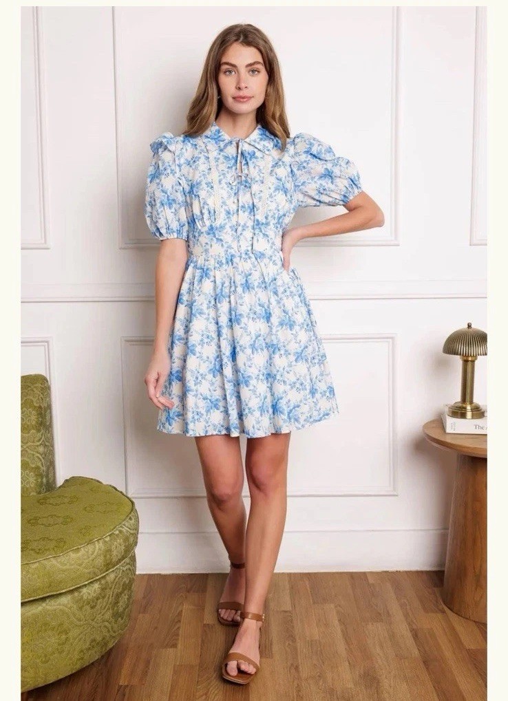 Flying Tomato Blue Floral Dress Collared Puff Sleeve Cottagecore Mini Size M