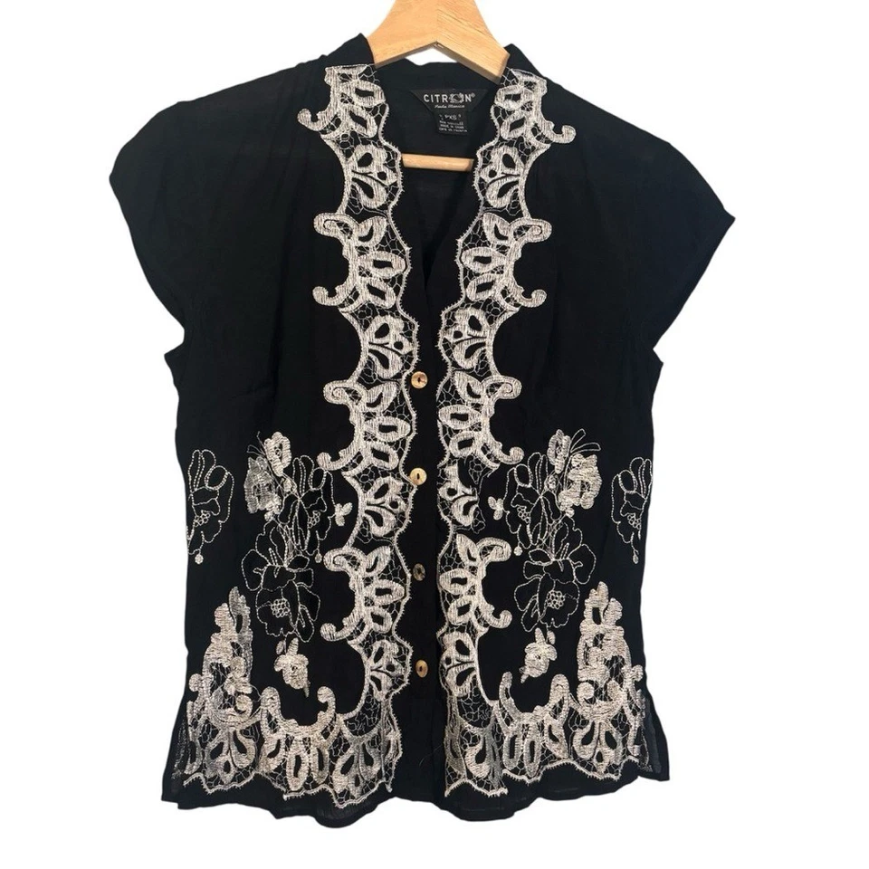 Citron Black Bamboo Button Up Blouse with White Embroidery XS Petite Boho Coast - Image 2 of 4