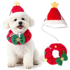 Dog Christmas Outfit,Adjustable Plush Red Santa Hat and Collar One Size,