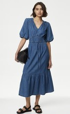 Marks & Spencer Denim V-Neck Tie Detail  Midi Tiered Dress Size 18 Worn Once