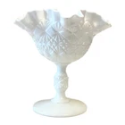Vintage Fenton Old Virginia White Milk Glass Ruffled Compote Fine Cut & Block 6"