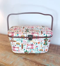 Sewing Basket Printed Fabric Covered Padded Box W/ Handle & Hook Sewing Storage 