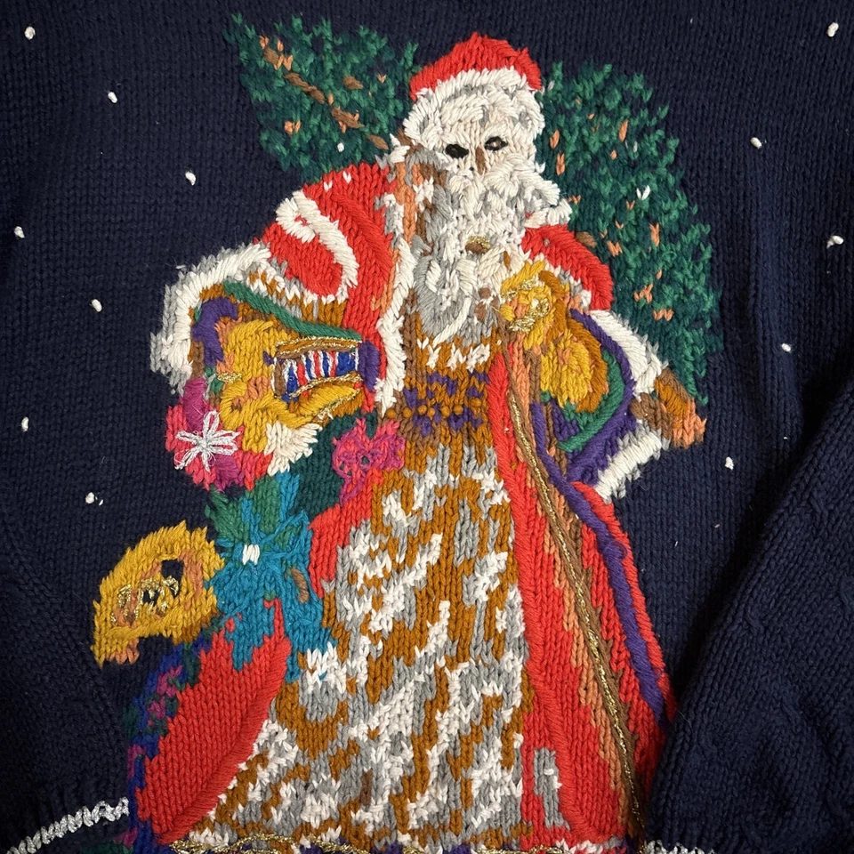Suéter Vintage Informal Esquina Navidad Santa Acebo Azul Grueso Tejido Para Mujer’s L Foto 2 de 4