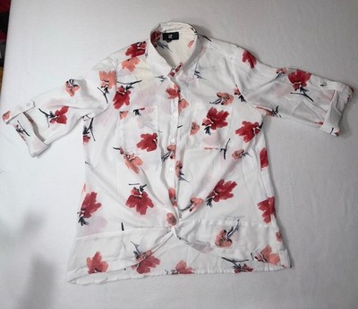 Iz Byer Blouse Women's Large Button Down  Floral Roll-Tab Sleeve