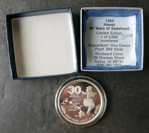1989 Proof 1oz Silver Hawaii 30 Years of Statehood Round