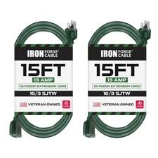 Pack of 2 Outdoor Extension Cords, 15 FT ea - 16/3 Durable Green 3 Prong