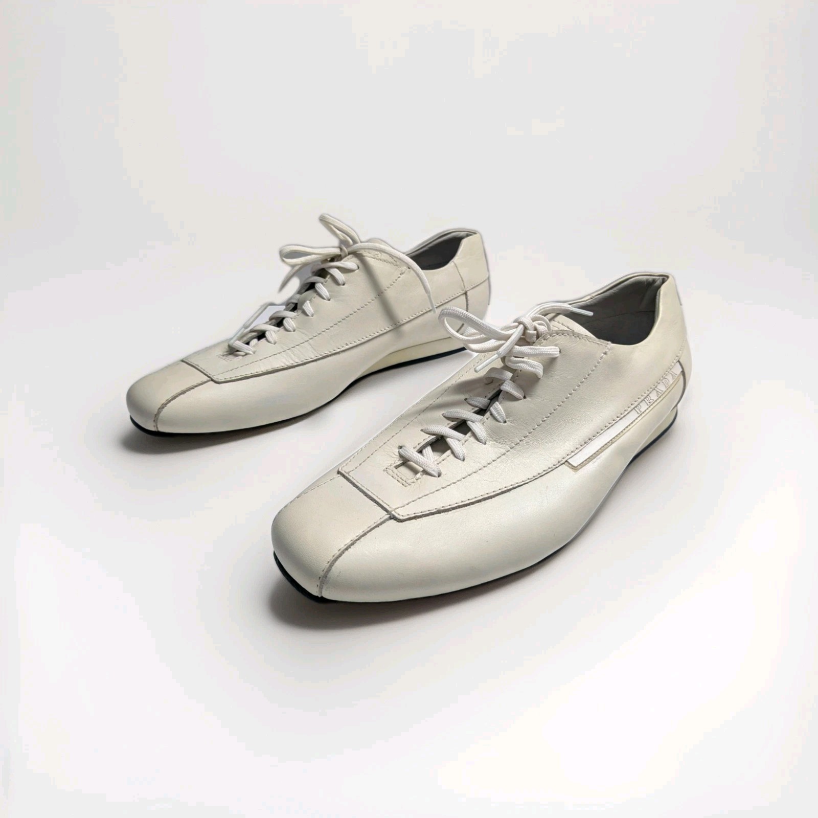 Prada Men's Leather Driving Sneakers Cream Square Toe 4E 1617 EU 10.5 - US 11.5