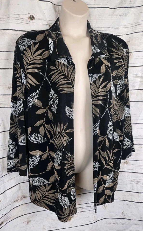 Vikki Vi Black Leaf Print Jacket Cardigan Top 2X Slinky Open Acetate 3/4 Sleeves - Image 2 of 4