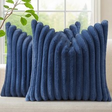 Faux Fur Throw Pillow Covers 18X18 Set of 2, Decorative Soft Plush Striped Neutr