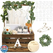 Barydat Wooden Baby Shower Crate Closet Basket with Handle Baby Announcement 