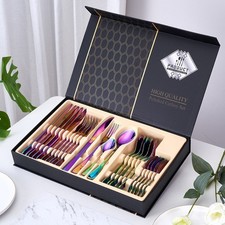 24Pcs Stainless Steel Cutlery Set with Box Dinner Spoon Fork Light Luxury Gifts