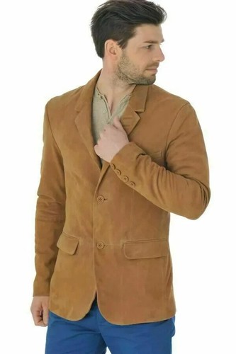 Stylish Men's Tan Suede Leather Blazer Genuine Soft Sheepskin Handmade Classy - Picture 4 of 7