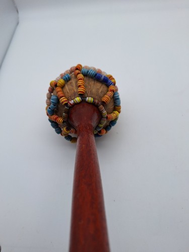 Carved Coconut Shaker Glass Bead Musical Instrument Folk Maracas 12 inches Vtg - Picture 7 of 8