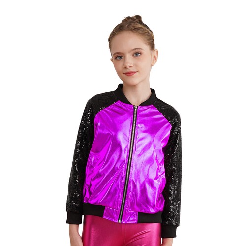 Girls Boys Metallic Bomber Moto Jacket Coat Hip Hop Jazz Modern Dance Disco Top - Picture 33 of 117