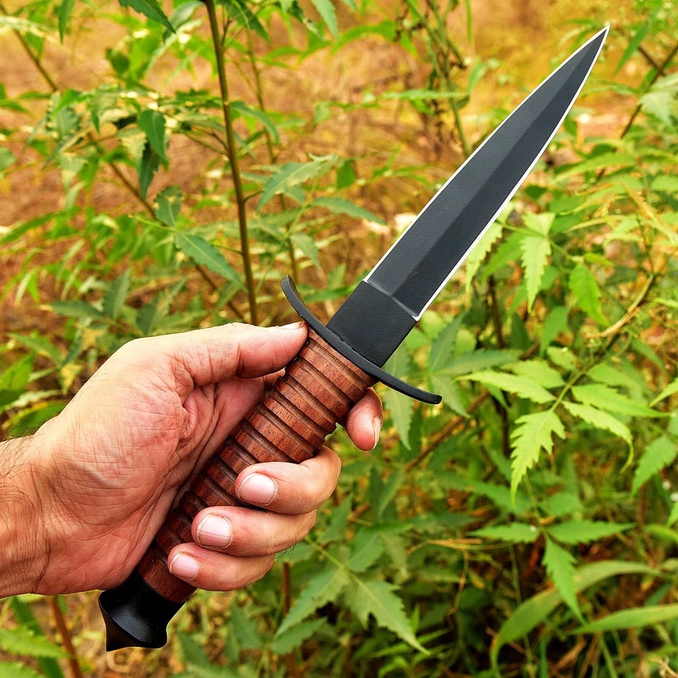 Cuchillo daga de aguja de madera apilada militar vintage hecho a mano de doble filo V42 Foto 2 de 4