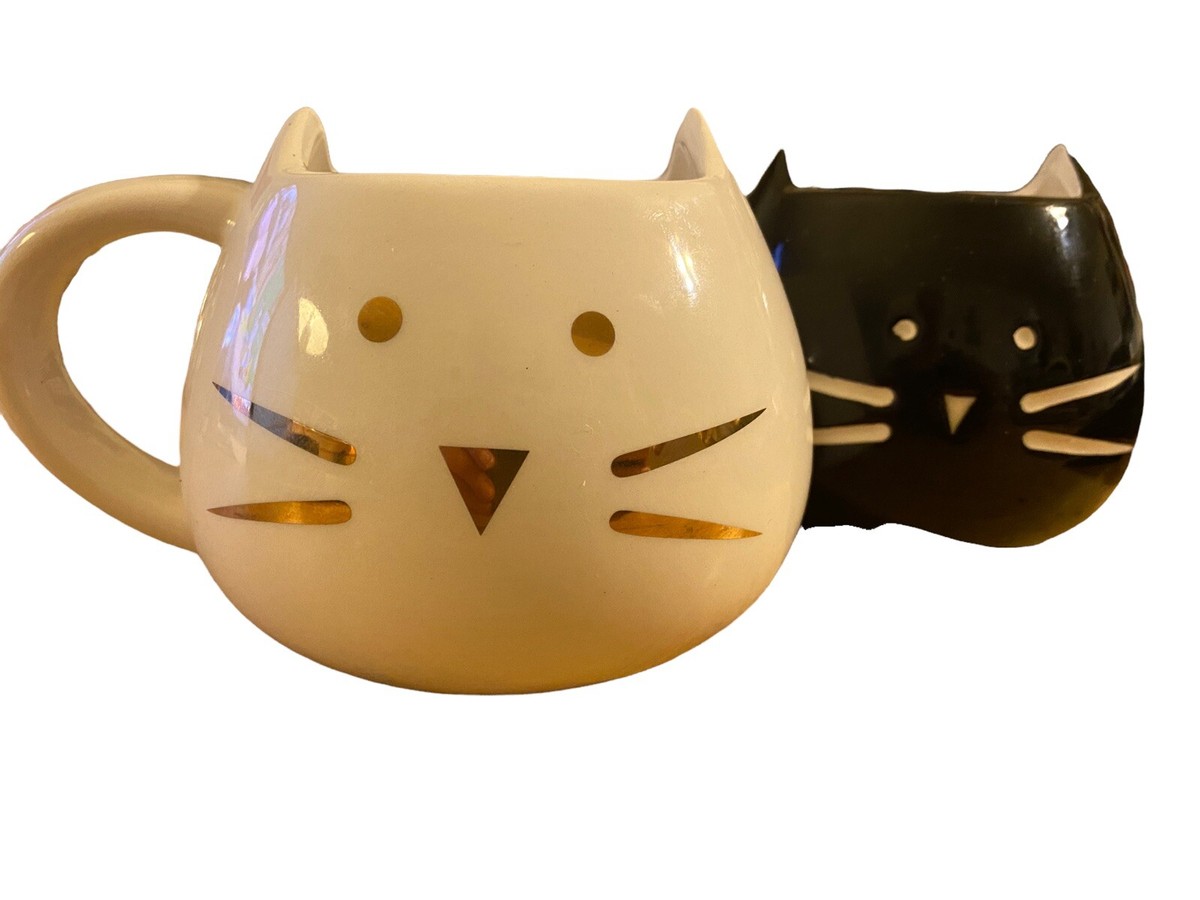 Set of 2 10 Strawberry Street Cat Mugs Black with White and White