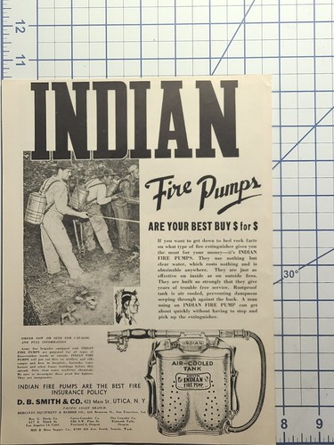 Mochila Indian Fire Pump Ejército Bomberos Utica NY Anuncio impreso vintage 1944 - Imagen 2 de 2