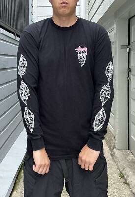 Stussy Black Long Sleeve Tribal Mask Island Style Lightly Used