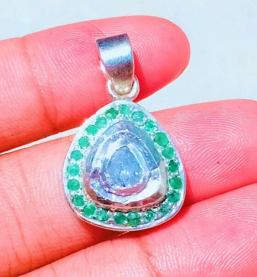 Weiß Polki Diamant Anhänger,925 Silber Smaragd Edelstein Hochzeitsgeschenk - Bild 3 von 4