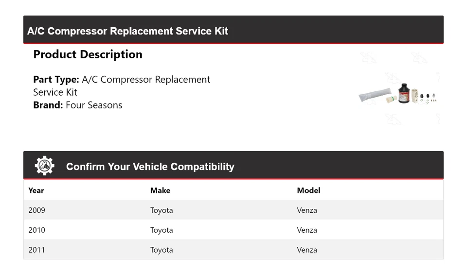 Kit de servicio de reemplazo de compresor de aire acondicionado Toyota Venza 2009-2011 4 estaciones 2010 Foto 2 de 4