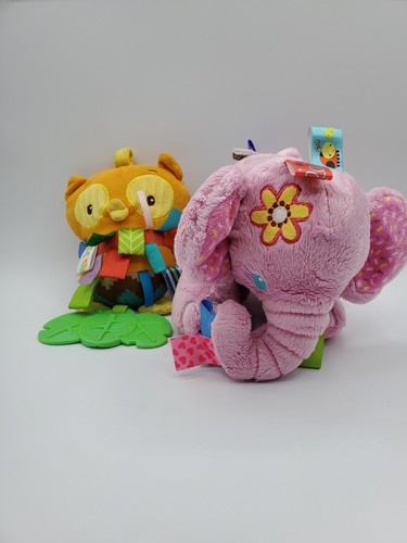 Taggies Whoo Who Loves you Owl & Pink Elephant Teether Rattle Toys Baby Plush - Picture 2 of 21