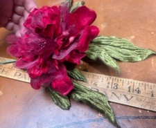 peony flower 5" leaves velvet organza 1pc oxblood red
