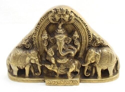 Laiton Gaja Ganesha Idol-Lord Avec Éléphants Taille Standard, Antique Marron - Picture 1 of 12