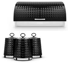 Tower Solitaire Black Bread Bin & Canisters Storage Set Embossed Diamond Design