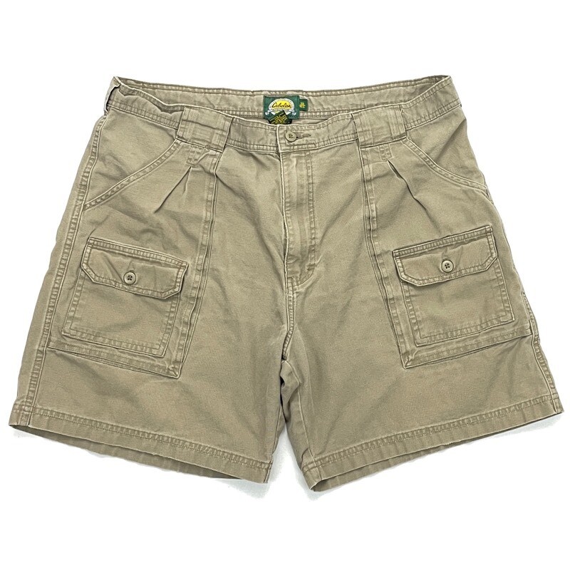 Cabelas Mens Cargo Shorts Beige Flat Front Pockets 100% Cotton Mid
