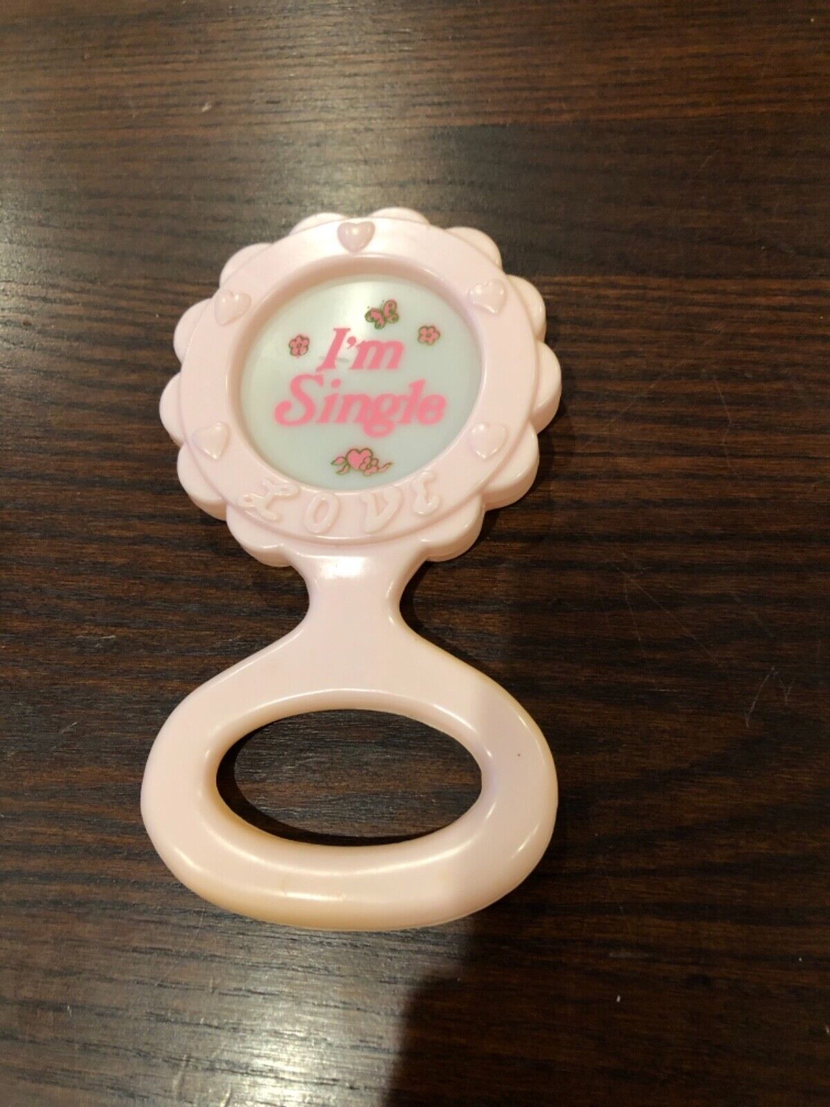 Vintage Plastic Celluloid Baby Pink Rattle “I’m Single Love”, Ho
