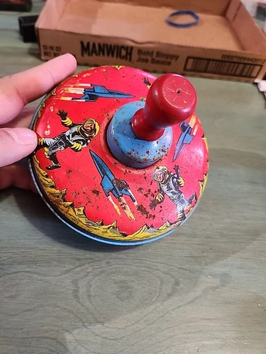 Vtg 1950-60’s Tin Spinning TOP Toy  Rocket Ship Space Astronaut Ohio Art Litho