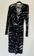 Michael Kors B&W Abstract Print Dress S Wrap Style Gold Brooch Midi Long Sleeve