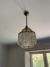 Pair Vintage Crystal Waterfall Chandeliers Gilt Brass Ceiling Lights