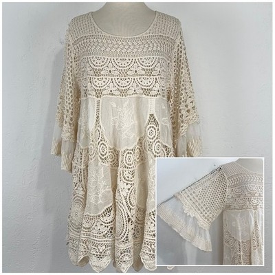 Womens Boho Cottage Festival Tunic Top One Size Crochet Lace Floral Embroidered