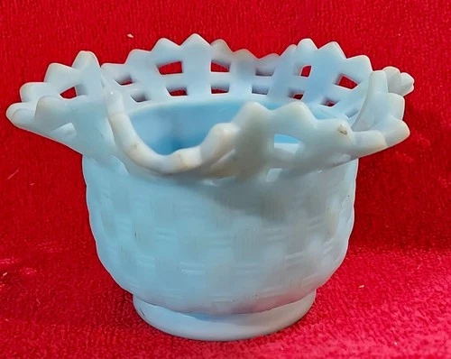 Vintage Fenton Baby Blue Satin Art Glass Basket Weave Bowl with Ruffled Rim