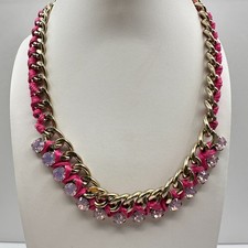 Vintage 90s Pink Wrap Gold Tone Curb Chain Necklace Rhinestone Glass Jewelry