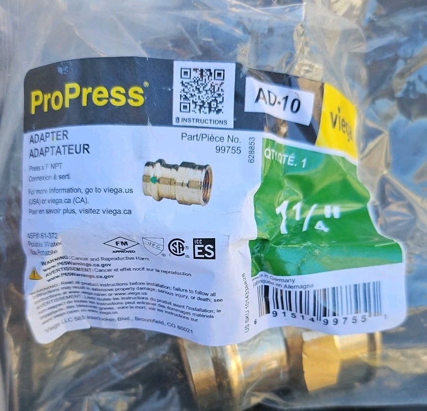 2-Viega Propress 1 1/4" Female Adapter, AD-10 99755