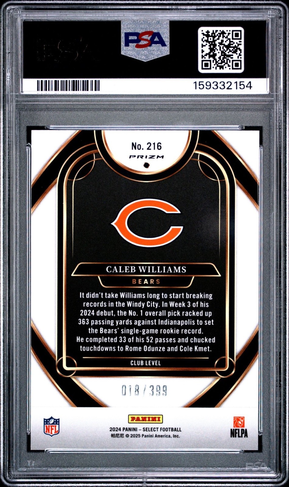 2024 Panini Select Caleb Williams Orange Shock /399 Rookie #216 PSA 9 Mint view 2