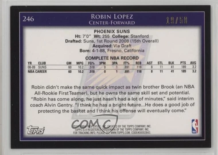 2009-10 Topps Black /50 Robin Lopez #246 - Image 2 of 2