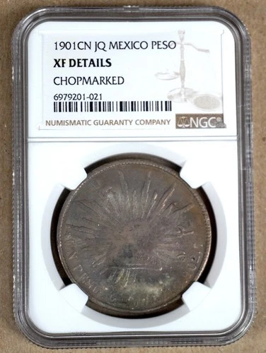 MEXICO 1901 CN JQ SILVER PESO NGC XF DETAILS, CHOPMARKED 020021