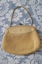 Vintage RFC Gold Tone Clutch with Mirror, Wrist Chain and Stoned Kiss Clasp