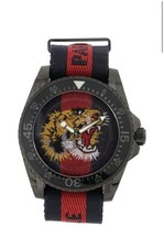 Gucci Dive Men's 45mm Black Case Quartz 200m Tiger Dial Navy/Red Strap