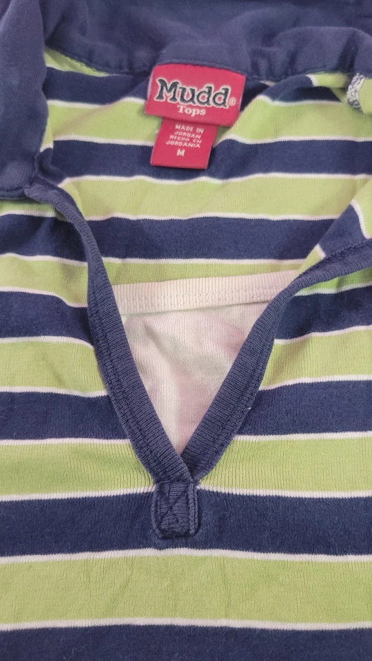 Vintage Y2K Mudd Striped Polo Top Short Sleeve Navy Blue Green Collared Tee Sz M - Image 4 of 4