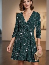Cabi Green Floral Ruffle Wrap Dress XS Boho Long Sleeve stretch travel mini