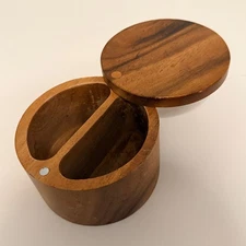 Acacia Wood Salt Cellar Dual Compartment Swivel Lid Storage Kitchen Container
