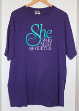 Vtg Jerzees T Shirt XL Purple She Who Must Be Obeyed Funny Novelty Made in USA