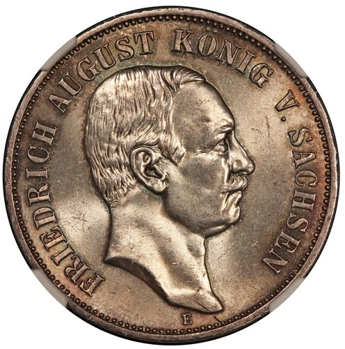 1914-E Germany Saxony 5 Mark Silver Coin - NGC MS 64 - KM #1266