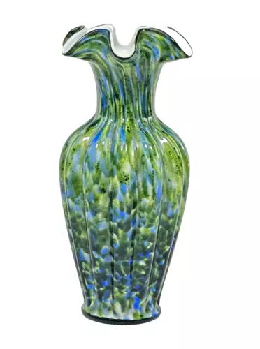 Fenton "Vasa Murrhina" Green Aventurine Blue Ruffled 11.5" Cased Art Glass Vase