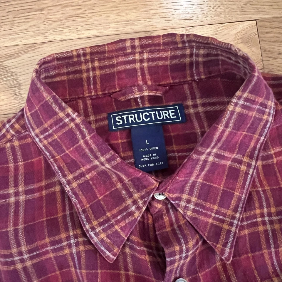 Vintage 80s/90s Structure 100% Linen Red Plaid Flannel Button-Up Shirt - Men's L - Image 4 of 4