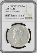 :1916 1-ESCUDO PORTUGAL NGC AU-DETAIL LIBERTY HEAD RIGHT LOW-POP HIGHER-GRADES